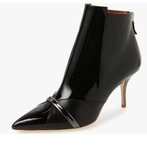 FSJ Black Glossy Mid Heel Ankle Boots Pointed Toe Bootie Chelsea Zipper Shoe